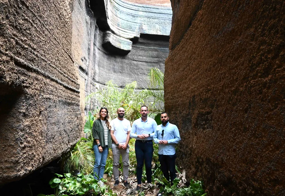 Rodaje de la película 'Los tres investigadores' en la Cantera de Santiago, de izquierda a derecha Libertad Benavent, Rubén Souto, Julio Mateo y Ulises Miranda